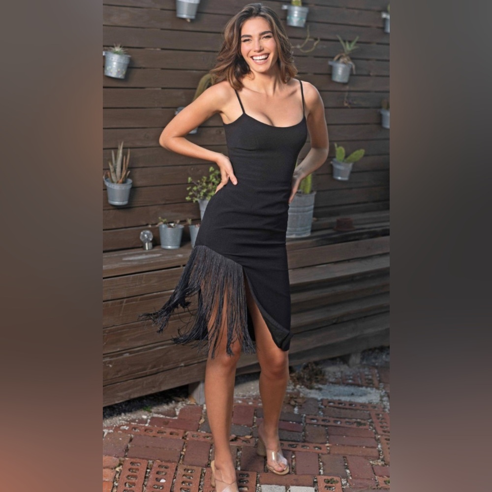 Dress The Population Rory Midi Dress Fringe Cocktail Black Women's Sz Small